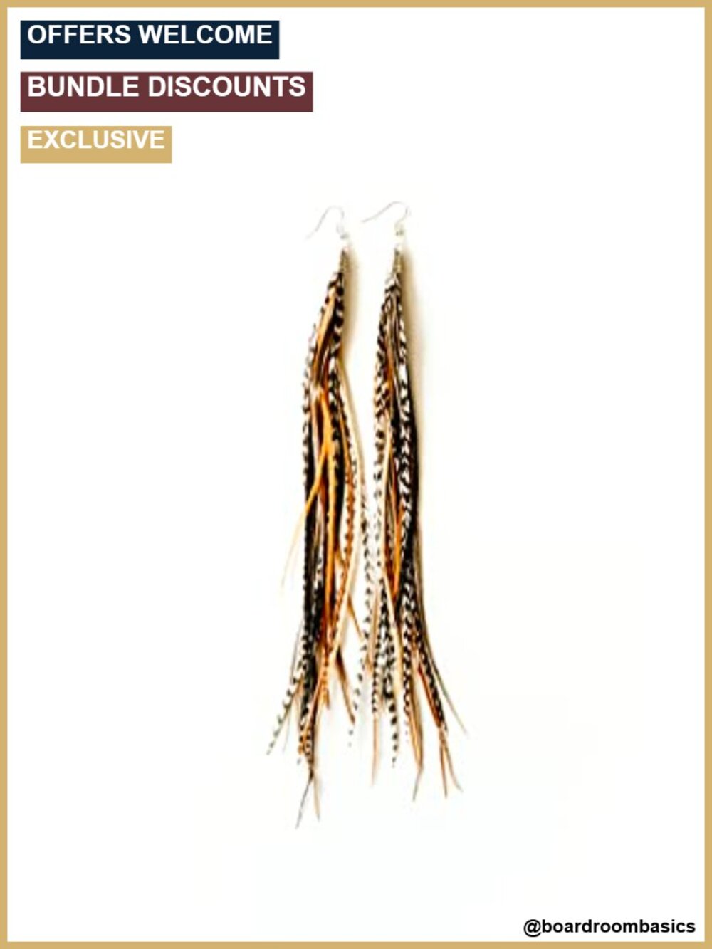 Handmade Long Natural Rooster Feather Dangle Earrings Sterling Silver